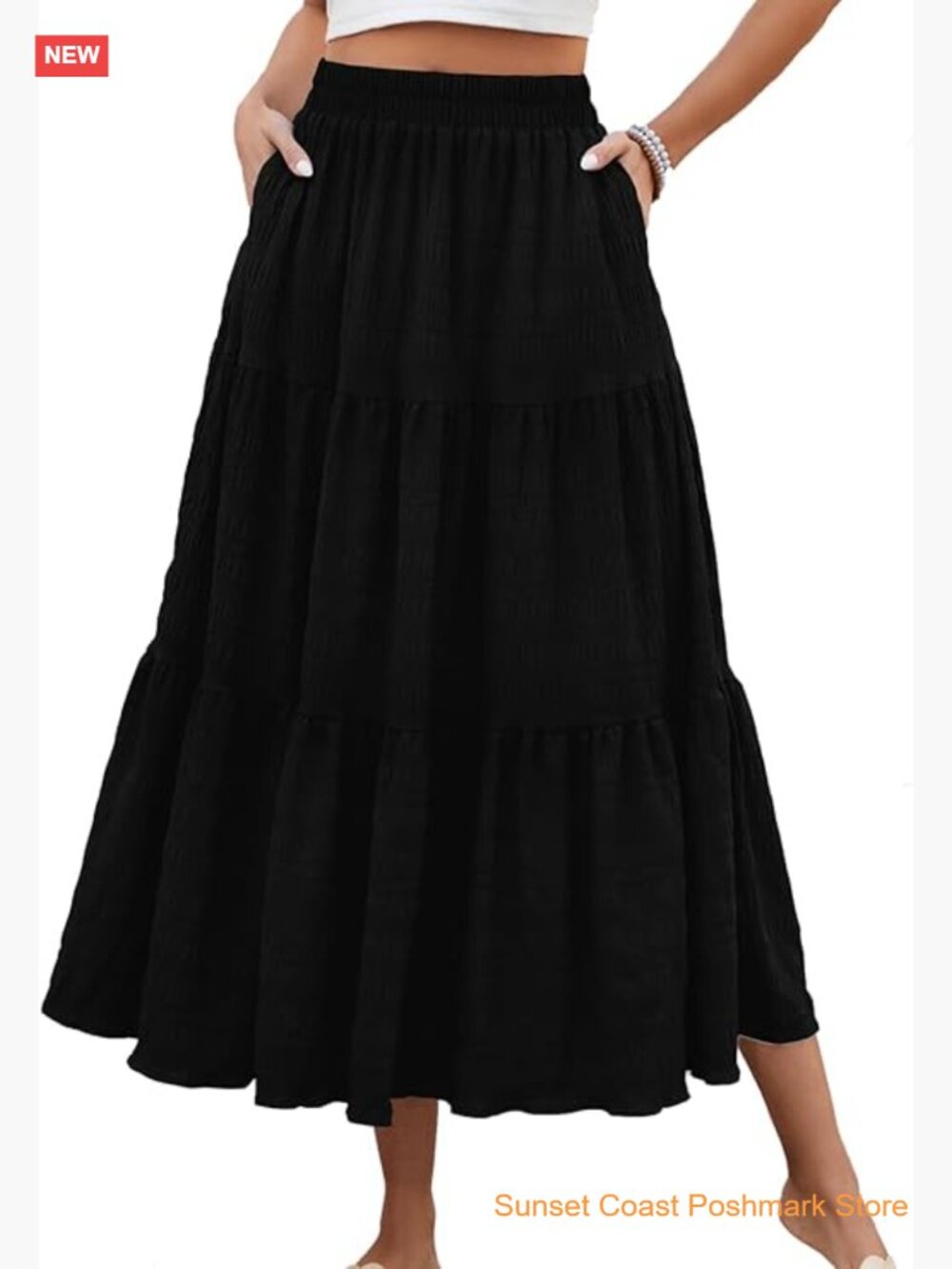 High Waisted A Line Flowy Maxi Skirt with Pockets Tiered